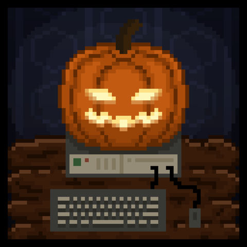 A spooky jack-o-lantern placed on top of a computer box like it's a CRT monitor, hooked up to a keyboard and mouse.