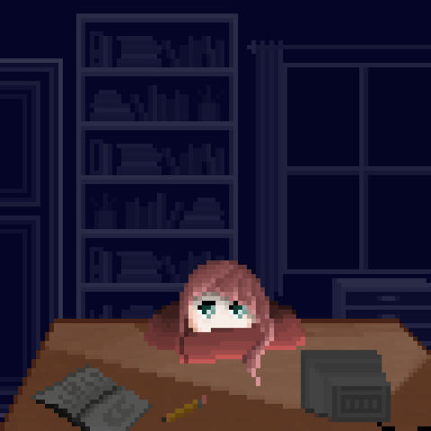 A pixel art scene of a desk with a notepad and computer monitor