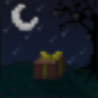 A wrapped present box underneath a tree at night
